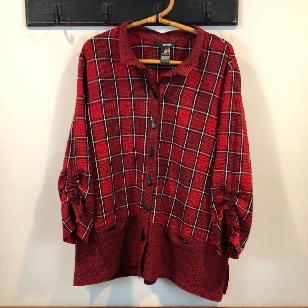 Ali Miles Plaid Toggle Buttons Pockets Ruched Sleeves Lagenlook Artsy Top XL